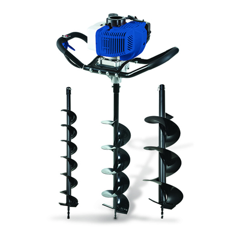 Świder spalinowy Hyundai HTTDB52 52 cm³ 100-150-200 mm - widok z przodu z kompletem świdrów.